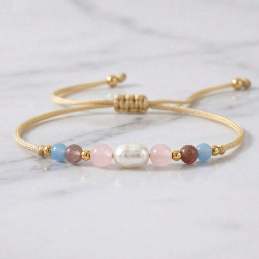 1pc Minimalist Colorful Stone Beaded Adjustable Bracelet, Casual Woven Bracelet For Women, Suitable For Daily Wear, Gift For Family, Friends, Her, Birthday, Home, Best Friends - Multicolor - View 1