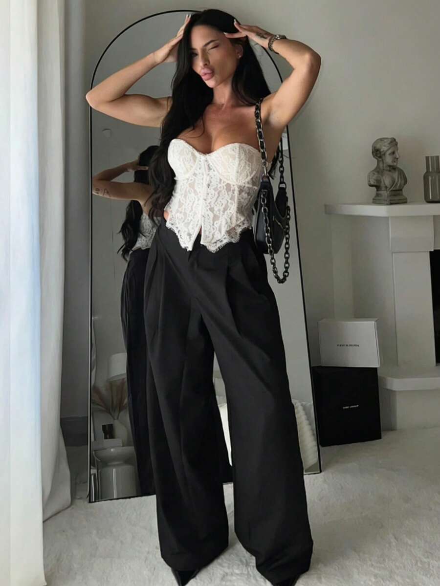 女士阔腿裤 高腰宽松长裤 春夏商务休闲办公装 黑色褶皱优雅外出商务职业女士长裤 - 黑色 - 查看 1