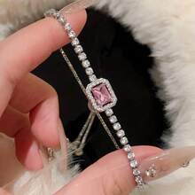 1pc Pink Crystal Adjustable Bracelet For Women - Pink - View 14