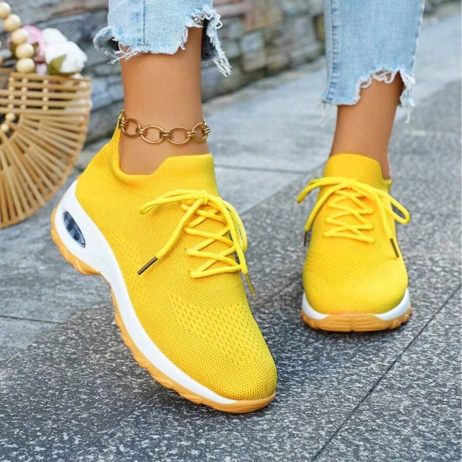 Women's Breathable Lightweight Sneakers - Low-Top Lace-Up Design For Summer, Lightweight Sole Suitable For Running, Walking, Tennis And Casual Wear, Fashionable And Comfortable Fitness Shoes, Fashionable Style, Soft Material, A Must-Have For Fitness Enthusiasts, Fashionable And Versatile Travel Shoes - 黃色 - 查看 1