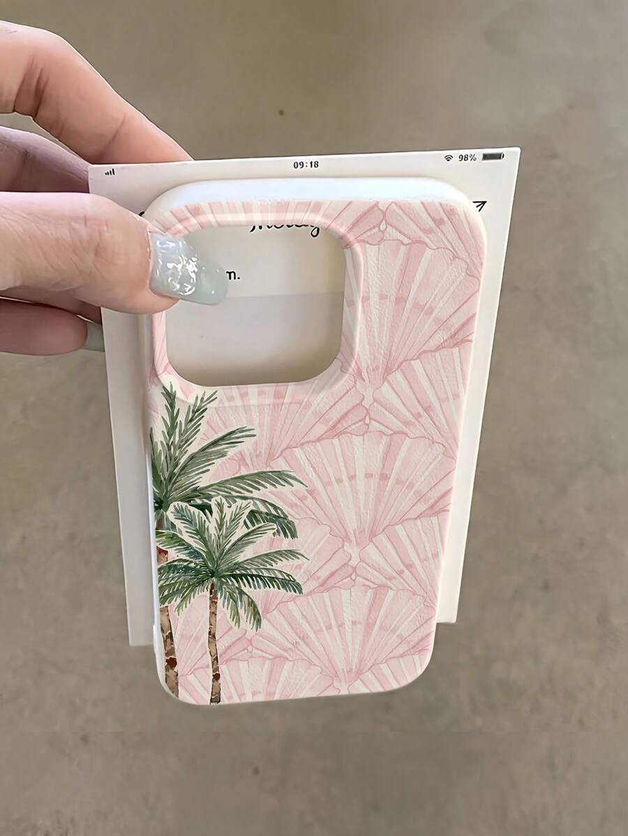 度假风 TPU 1 件装极简全屏椰树粉色贝壳图案手机壳，柔软 TPU 防震防刮保护套，兼容 11/12/13/14/14Plus/15/15Plus/16/16Plus/7/8Plus/17/17Pro，春季礼物 - 白色 - 查看 1