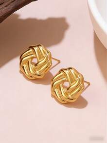 18K Gold-Plated Stainless Steel Women's Earrings With 316L Hooks; Hypoallergenic; Elegant Braided Design; Stylish, Minimalist, And Classic Jewelry; Perfect For Everyday Wear, Holidays, Vacations, Or Parties - Multiple Styles - View 6