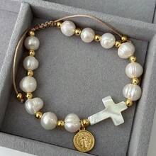 1件装时尚耶稣玛利亚吊坠项链，养殖珍珠十字架手链 - Charm Bracelet - 查看 1