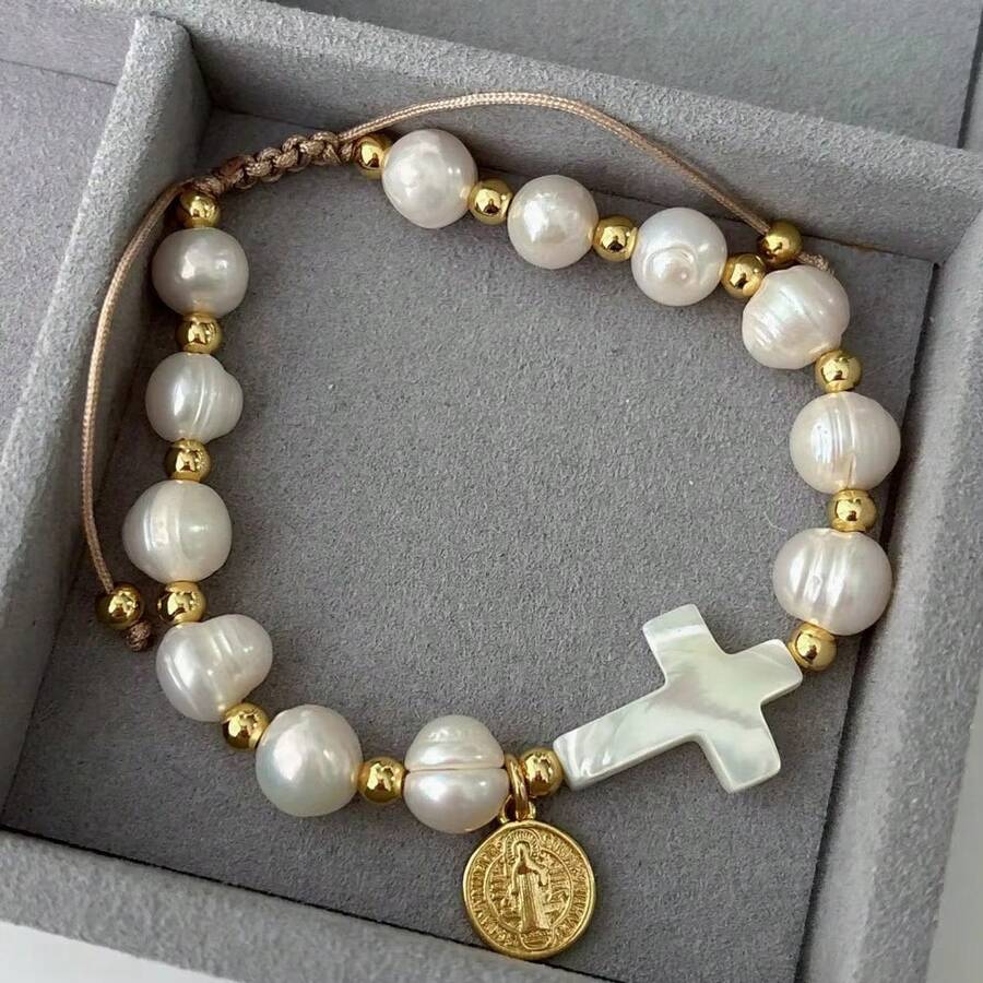 1件装时尚耶稣玛利亚吊坠项链，养殖珍珠十字架手链 - Charm Bracelet - 查看 1