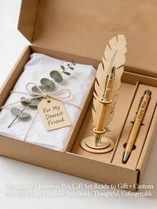 Conjunto de Caneta Esferográfica de Bambu Personalizada com Suporte de Pena de Ganso, Personalizável com Nome, Data e Texto. É um presente criativo para professores e também um ótimo presente para o pai. O conjunto inclui um suporte de pena de ganso e uma caneta esferográfica com gravação. Caneta de Madeira Personalizada com Nome/Textos, Caneta de Bambu Personalizada, Cartão de Agradecimento de Madeira Personalizado. - Novo! - Visão 5