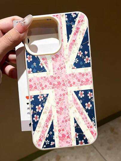 1个双色英国国旗和樱花印花手机壳，时尚英伦风皮革质感保护套，防震TPU材质，适用于 17/16/15/14/13/12/11/Pro/Pro Max/Plus，是送给情侣、家人和朋友的理想礼物。