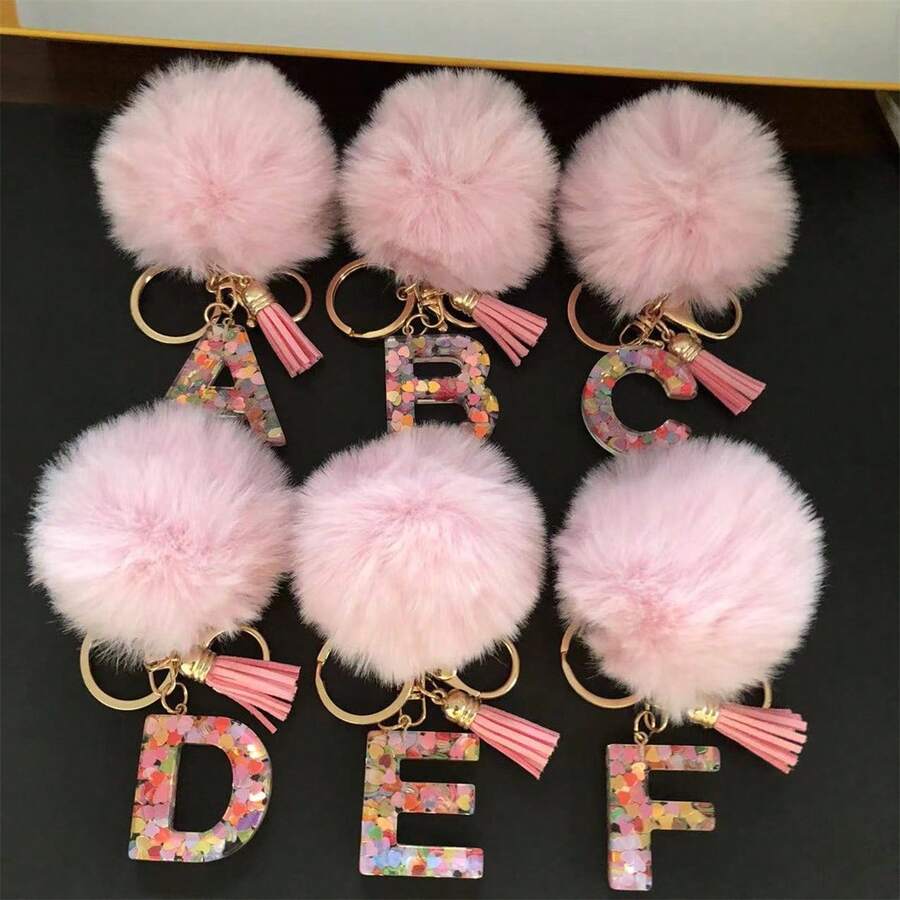 Cross-Border European And American Popular Pom-Pom Resin English Letter Pendant Keychain, Colorful Resin Heart Letter Keychain - E - 查看 1