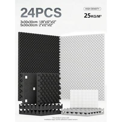 JIPO SPORT 【24 件套】自粘吸音泡沫板 - 12x12x1.18/2 英寸，高密度海绵板，录音棚隔音泡沫天花板板，吸音，降噪，消除回声（黑/白/灰/紫）