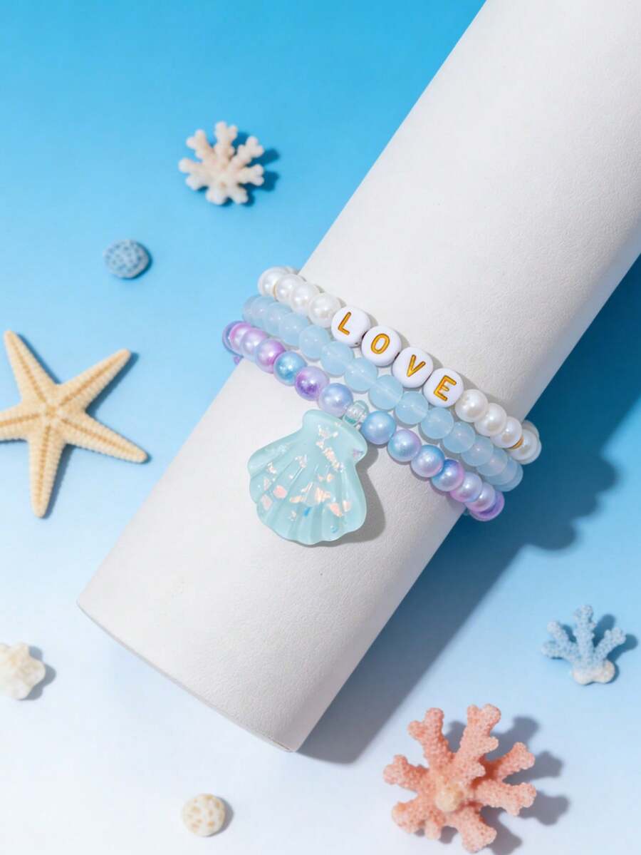 3pcs/Set Kids Casual Cute Shell Pendant Faux Pearl Stacking Bracelet, Suitable For Girls Daily Wear, Beach Vacation Casual Style, Shell Pattern, Exquisite Gift - one-size - View 1