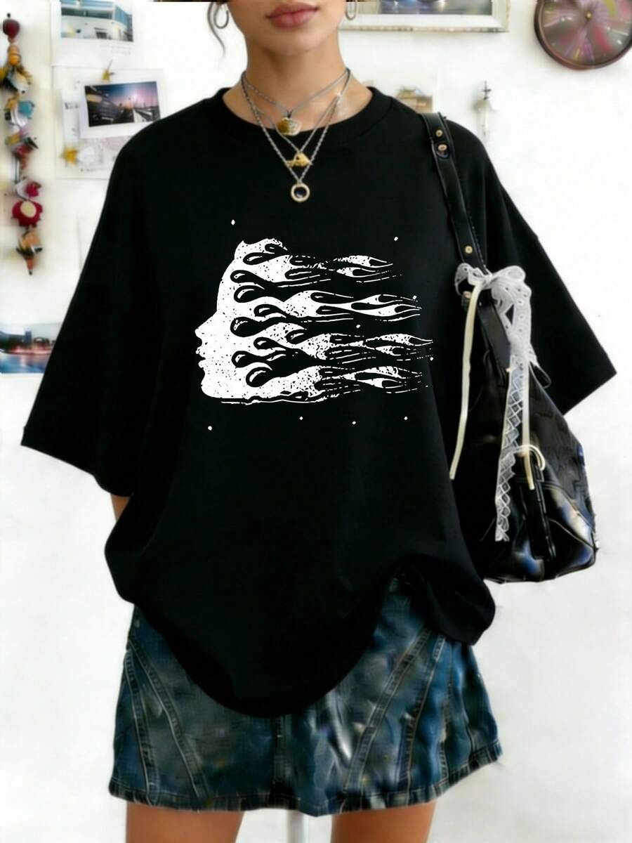 Plus Size Hellstars Splatter Flame Head Y2K Graphic T-Shirt,220g 100% Cotton,Round Neck Short Sleeve,Black Streetwear Essential For Summer Going Out,Unisex Style - Black - View 1