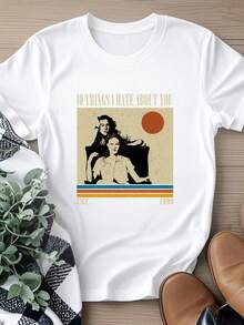T-shirt femme Imprimé "10 choses que je déteste chez toi" T-shirt film vintage minimaliste du milieu du siècle, manches longues ou courtes - Blanc - Voir 1