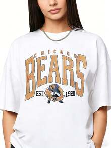 Vintage Chicago Sweatshirt Vintage Bears Unisex Shirt, American Bootleg, Oversized Short Sleeve Classic Heavy Cotton Shirt Printed Graphic Tee Women's Casual Short-Sleeved TopSports Short Sleeves - 白色 - 查看 2