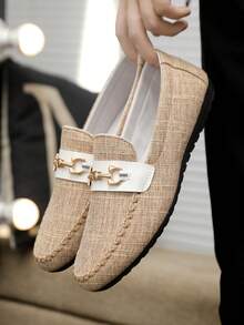 大码新款男士透气乐福鞋，韩版时尚一脚蹬老北京布鞋，休闲驾车鞋，宽松款式 - 卡其色 - 查看 1