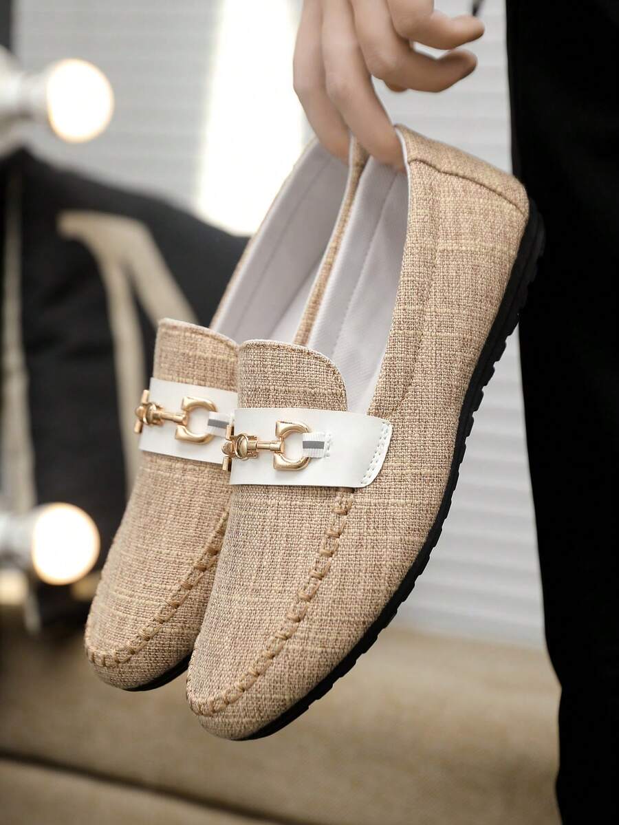 大码新款男士透气乐福鞋，韩版时尚一脚蹬老北京布鞋，休闲驾车鞋，宽松款式 - 卡其色 - 查看 1