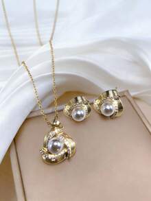 一套不锈钢链锆石花朵珍珠吊坠项链和耳环，百搭奢华优雅设计首饰套装，礼品 - 金色 - 查看 7