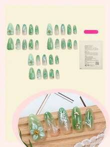 10pcs French Ombre Green 3D Floral Ripple Decor Rhinestone Butterfly Design Y2K Fresh Glossy Full Cover Fake Nails, Suitable For Spring Daily Wear - Multicolor - View 3