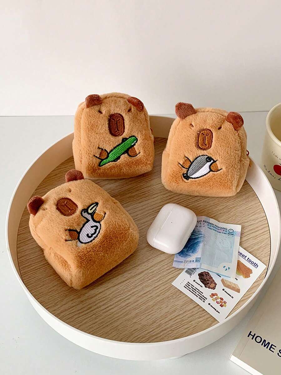 水豚毛绒零钱包迷你钥匙扣包，可爱卡通儿童零钱包，学生耳机收纳包 - 彩色 - 查看 1