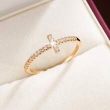 1 pieza Anillo de mujer con diseño minimalista de cruz y circonita cúbica incrustada, regalo para vacaciones - Multicolor - Ver 1