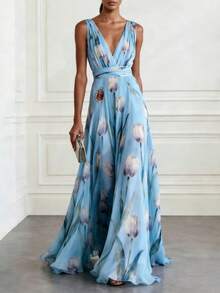Women's Sleeveless V-Neck Chiffon Dress Women's Graduation Season Adult Ceremony Mother's Day Gift Sky Blue Vacation New Tulip Printed Evening Dress - 天藍色 - 查看 1