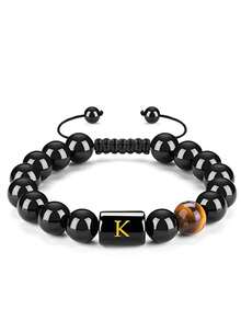 Vòng tay nam bằng đá mã não đen mắt hổ, kiểu bện, mặt dây chuyền 26 chữ cái, trang sức khắc tên riêng, quà tặng sinh nhật. - Nhiều màu - Xem 32