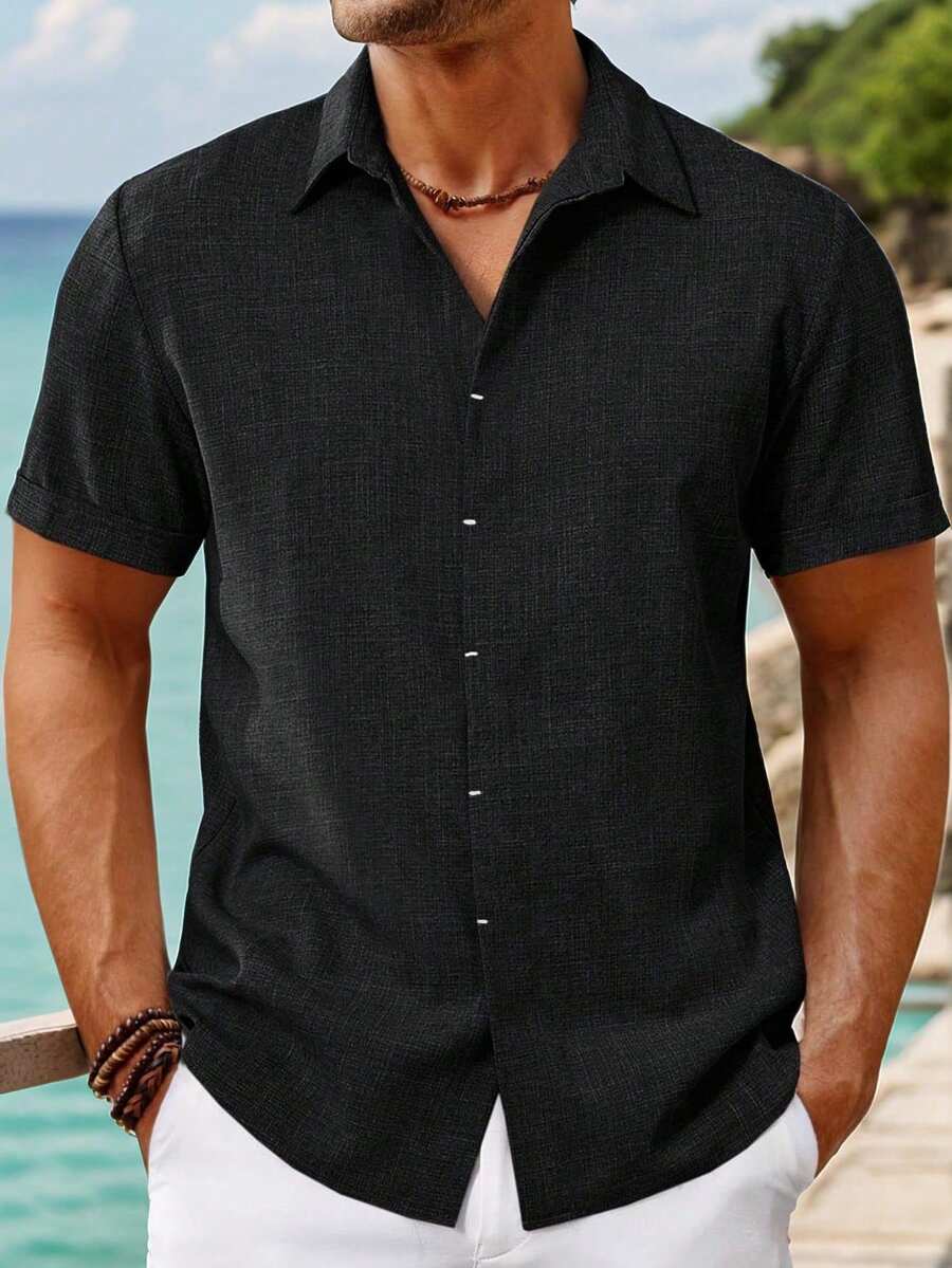 Mens Short Sleeve Linen Shirts Button Down Casual Summer Beach Tops For Daily Commute - Black - View 1