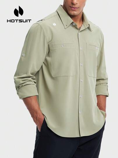 HOTSUIT 男士休闲纯色立领长袖口袋衬衫，方便户外活动