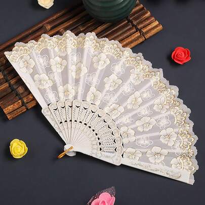 Breezier White Cherry Blossom Hand Fan With Gold Foil Print, Suitable For Home Use