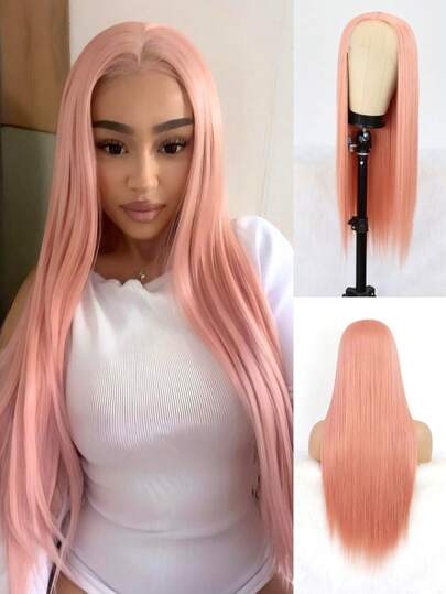 SALLYWELL Peluca sintética larga y recta de 24 pulgadas con frente de encaje rosa, encaje HD 13x4 sin pegamento, con cabello de bebé pre-recortado para uso diario, fiestas y conciertos