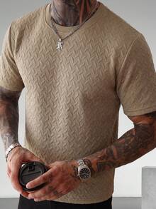 GRDR 菱形纹理图案男士休闲圆领短袖T恤，复古时尚日常穿着 - 卡其色 - 查看 1