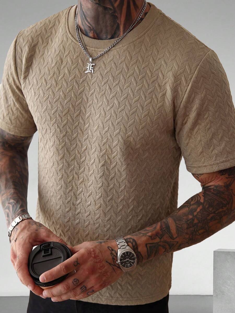 GRDR 菱形纹理图案男士休闲圆领短袖T恤，复古时尚日常穿着 - 卡其色 - 查看 1