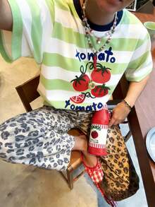 撞色番茄印花条纹T恤，女士夏季穿搭，度假穿搭，沙滩穿搭，休闲外出穿搭 白色 - 白色 - 查看 3