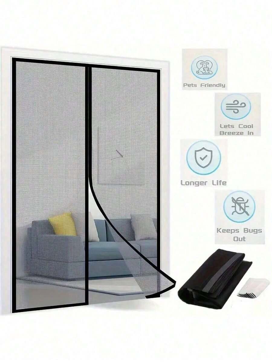 1pc Heavy Duty Door Curtain, With Full Frame Hooks, Made Of Polyester Mesh Material, Pet Friendly Design, Anti-Insect, Suitable For Doors Up To 38x82 Inches - Multicolor - View 1
