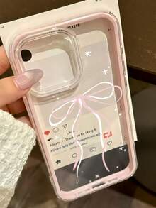 1 pieza Funda de teléfono con protección de lente transparente minimalista de alta gama, anti-caída y anti-colisión, con patrón de lunares rosa y blanco con lazo, personalizada para iPhone 16 Pro Max, 17/16/15/14 Plus/13/12/11, Air - Multicolor - Ver 2