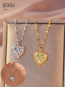 Hihho 1件全镶钻心形吊坠项链，表面纹理设计，闪亮的吊坠随着每一次移动捕捉光线，为您的连衣裙或衬衫增添浪漫奢华的气息。 - 吊墜項鍊 - 查看 1