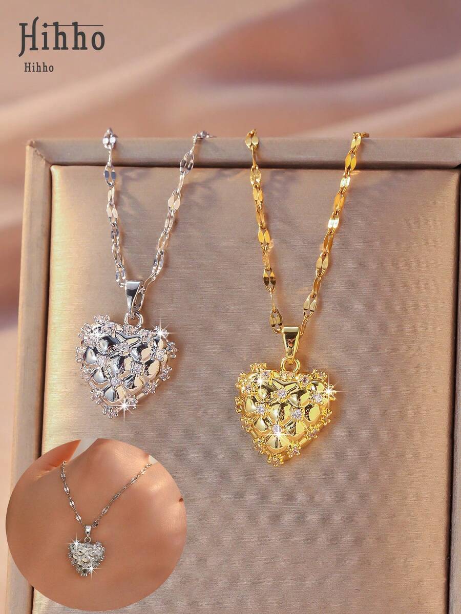 Hihho 1件全镶钻心形吊坠项链，表面纹理设计，闪亮的吊坠随着每一次移动捕捉光线，为您的连衣裙或衬衫增添浪漫奢华的气息。 - 吊墜項鍊 - 查看 1