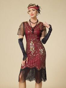 Đầm Flapper nữ thập niên 1920, kiểu dáng Great Gatsby với tua rua đính sequin và phụ kiện thập niên 20 - Trang phục dự tiệc phong cách thập niên 20 sôi động. - Đỏ - Xem 3