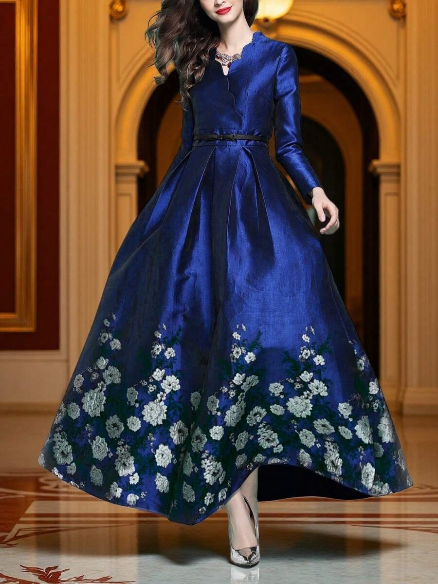 DEVCHATA 奢华优雅提花长袖深V领女士正式晚礼服，梭织面料，魅力十足，适合宴会和各种场合，秋冬季节穿着，花卉图案位置随机（不含腰带）