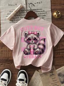 女童及青少年休闲印花圆领短袖T恤，夏季上衣 - 粉色 - 查看 3