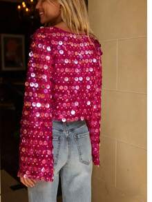 Womens Sequin Flared  Long Sleeve Blouse Tops Long Sleeve Sequined Loose Fit Glitter Sparkly Bell Sleeve Crew Neck Shirts Summer Holiday Beachwear Party Clubwear - 玫紅色 - 查看 3