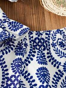 2pcs/Set Baby Girls' Petal Sleeve Button Top And Shorts, Summer Fashion Printed Vacation Style Outfit - Blue - View 3