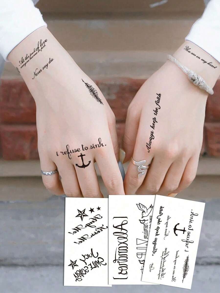 3张人体彩绘临时纹身贴纸,男女通用,星形和文字图案,防水,可持续2-5天,可贴于手指、手臂、颈部、胸部、肩部、腰部和腿部。易于使用和去除。 - 黑色 - 查看 1