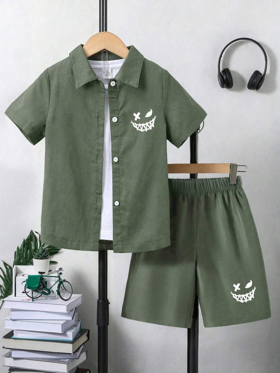 青少年男孩卡通印花衬衫和短裤休闲套装 - 綠色 - 查看 1