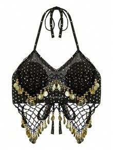 成人亮片肚皮舞服装，女士亮片雪纺上衣（内置胸垫，不可拆卸）和裤子套装，女士东方肚皮舞阿拉伯公主服装套装 - 彩色 - 查看 3