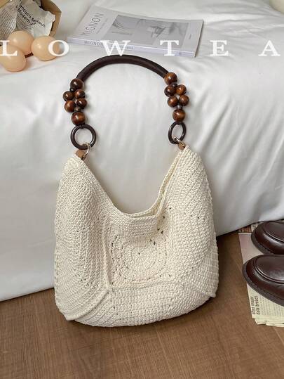  1pc Low Tea Solid Color Woven Fabric Shoulder Bag, Women's Retro Fashion Crescent Shoulder Bag, Top Single Handle Design, Snap Closure, Suitable For Commuting, Outdoor, Travel, Hiking, And Casual Wear