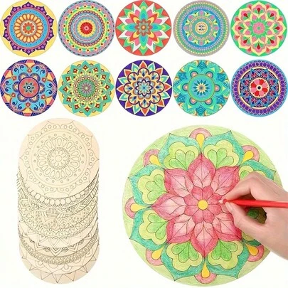 10pcs Unfinished Wooden DIY Hand-Painted Mandala Coaster Set, Craft Wood Fragments For Painting