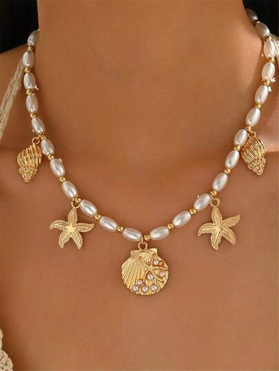 1pc Teenage Summer Gold Shell Pendant Necklace, Fashionable Faux Pearl Beaded Ocean Life Accessory, Versatile Daily Wear Neck Jewelry