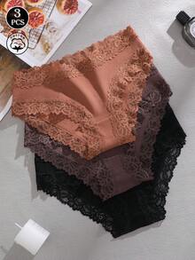 Bộ 3 chiếc quần lót nữ màu trơn, chất liệu cotton gân, phối ren, gợi cảm và thoải mái, thích hợp cho ngày Valentine, Giáng sinh, mùa thu/đông, xuân/hè và mặc hàng ngày. - Nhiều màu - Xem 5