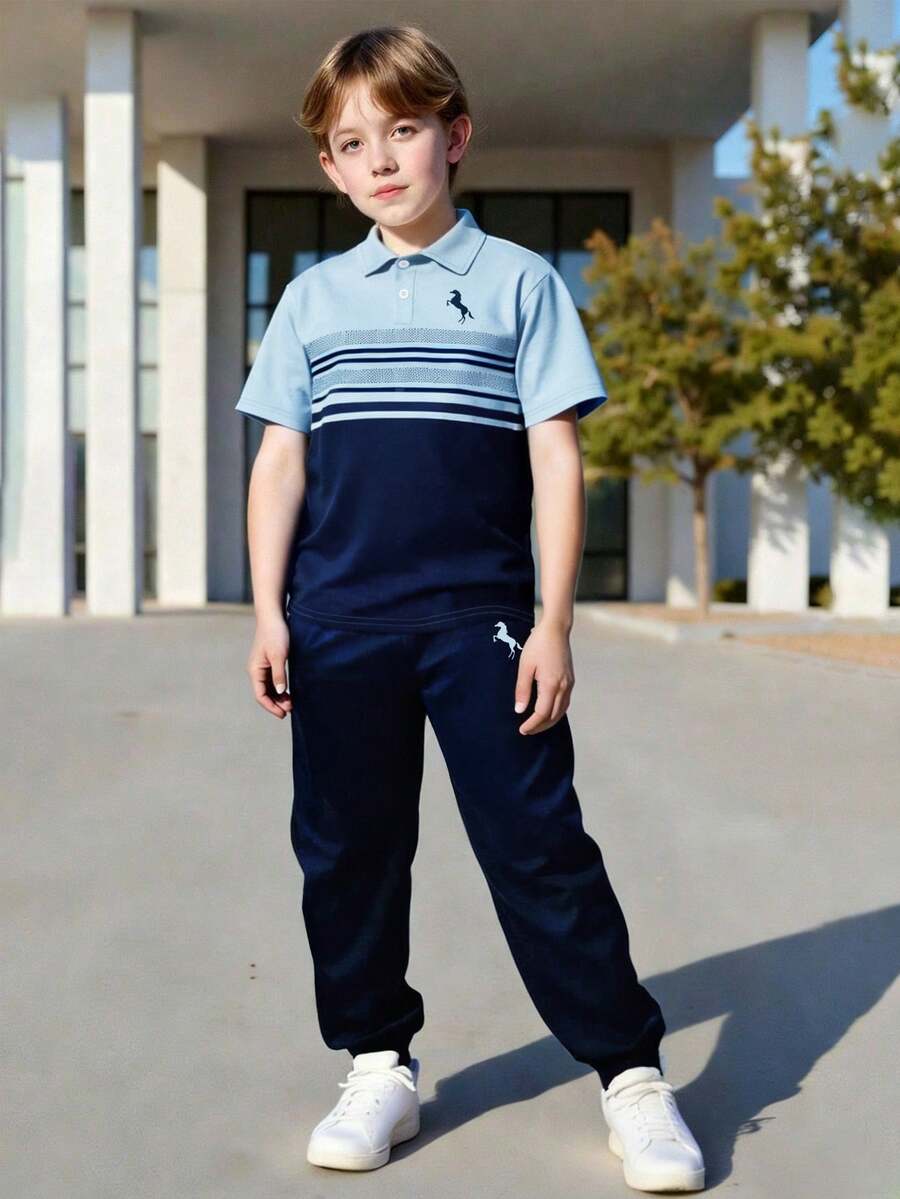 Tween Boy Spring/Summer Short Sleeve & Pants 2-Piece Set, Fashionable Casual Striped Cartoon Horse Print Polo Shirt, Classic Color, Outdoor & Daily Wear - Blue - View 1
