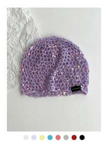 Handmade Crochet Sequin Hollow Out Beanie Hat, Fashionable Retro Versatile Lightweight Breathable Knit Cap For Women, Spring Summer - Sequin Black Label - View 11