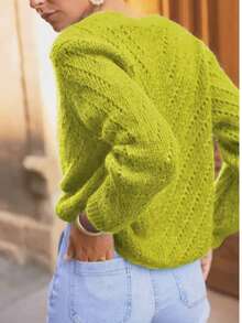 Women's Neon Green Single-Breasted Long Sleeve Knitted Cardigan, Autumn/Winter - Fluorescent Yellow-green - View 2